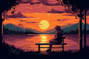 Foto grátis cena de pixels gráficos de 8 bits com pessoa no banco ao pôr do sol