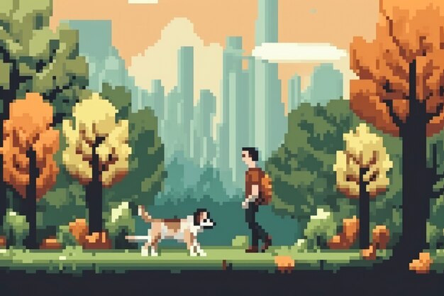 Cena de pixels gráficos de 8 bits com pessoa passeando com cachorro no parque