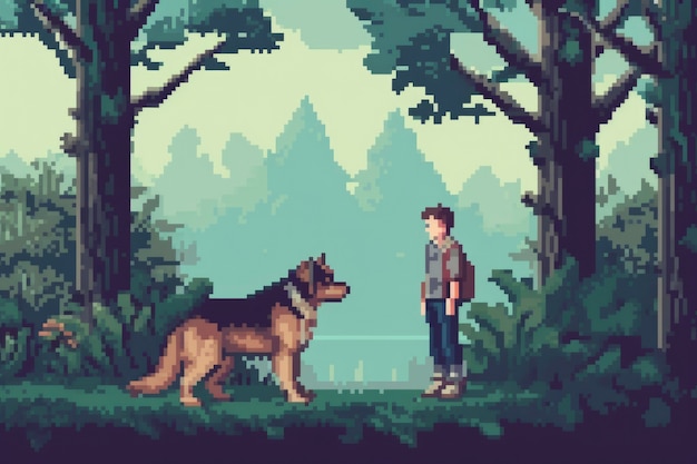 Cena de pixels gráficos de 8 bits com pessoa passeando com cachorro no parque