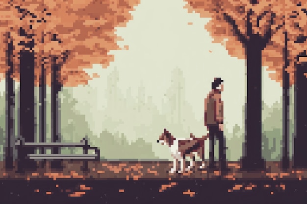 Cena de pixels gráficos de 8 bits com pessoa passeando com cachorro no parque