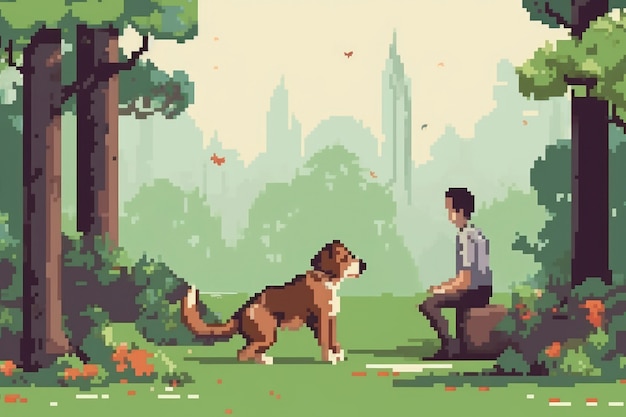 Foto grátis cena de pixels gráficos de 8 bits com pessoa passeando com cachorro no parque