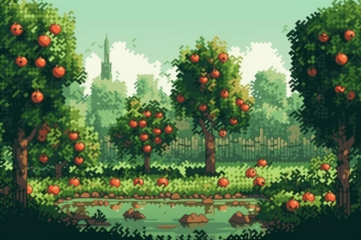 Foto grátis cena de pixels gráficos de 8 bits com pomar