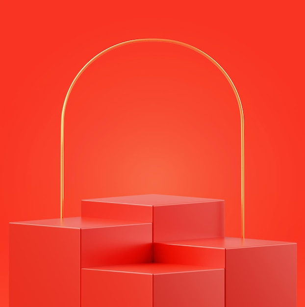 Foto grátis cena de pódio de exibição vermelha com fundo abstrato geométrico de plataforma de pedestal estúdio de pano de fundo vazio para renderização 3d de colocação de produto