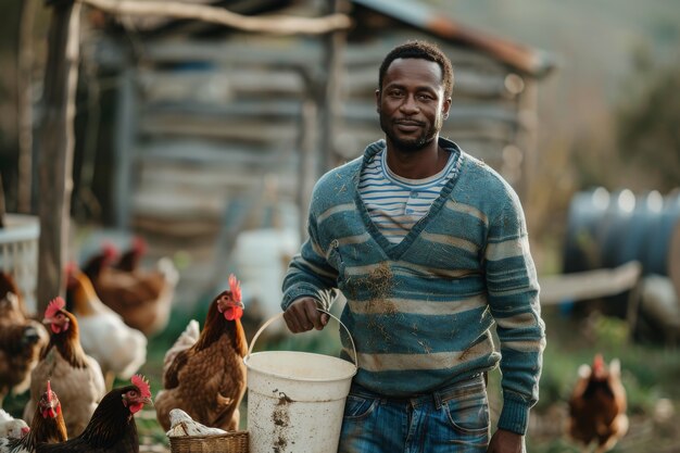 Cena de uma fazenda de galinhas com aves e pessoas