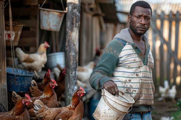 Cena de uma fazenda de galinhas com aves e pessoas