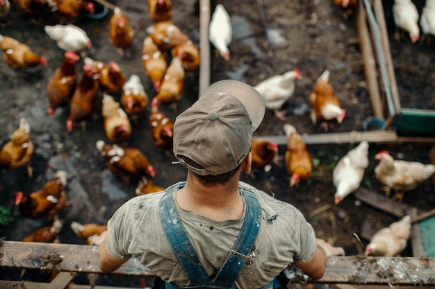 Cena de uma fazenda de galinhas com aves e pessoas