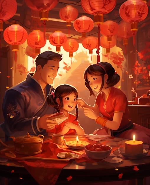 Cena em estilo anime para a celebração do festival do ano novo chinês