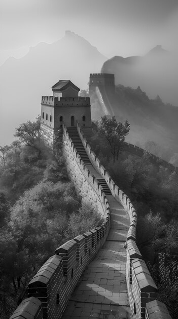 Cena em preto e branco da Grande Muralha da China