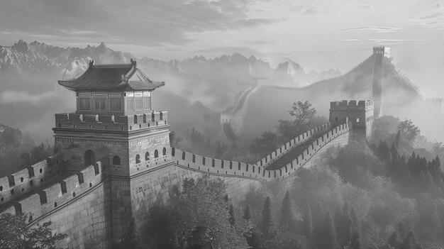 Cena em preto e branco da Grande Muralha da China