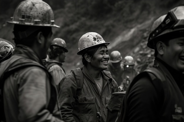 Foto grátis cena em preto e branco mostrando a vida dos trabalhadores da construção no local