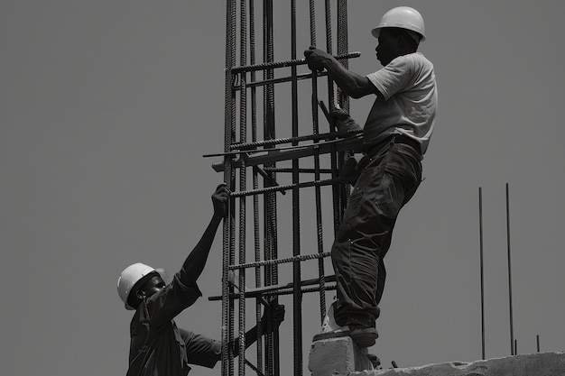 Foto grátis cena em preto e branco mostrando a vida dos trabalhadores da construção no local