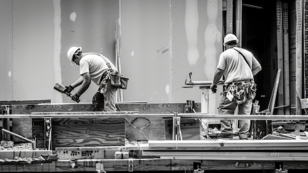 Foto grátis cena em preto e branco mostrando a vida dos trabalhadores da construção no local