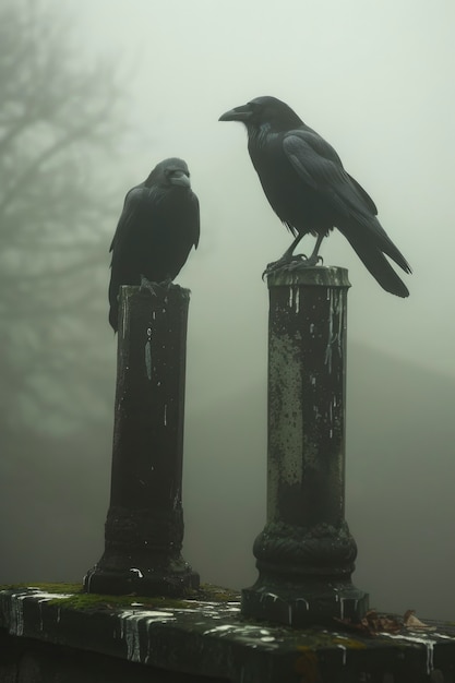 Cena escura de corvos ao ar livre