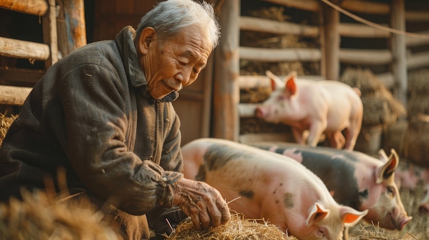 Cena fotorrealista com pessoa cuidando de uma fazenda de porcos
