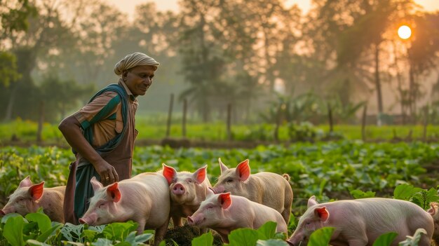 Cena fotorrealista com pessoa cuidando de uma fazenda de porcos