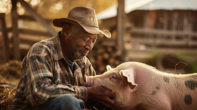Cena fotorrealista com pessoa cuidando de uma fazenda de porcos