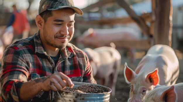 Cena fotorrealista com pessoa cuidando de uma fazenda de porcos