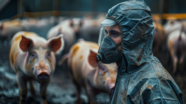 Cena fotorrealista com pessoa cuidando de uma fazenda de porcos