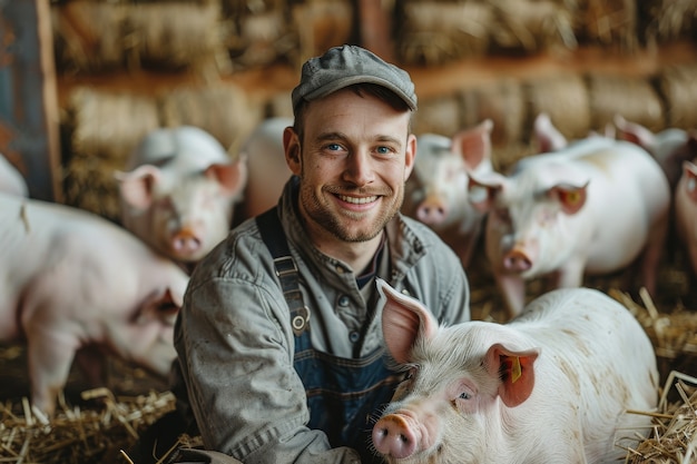 Cena fotorrealista com pessoa cuidando de uma fazenda de porcos