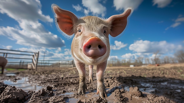 Cena fotorrealista com porcos criados em um ambiente de fazenda