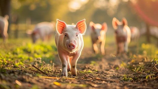 Cena fotorrealista com porcos criados em um ambiente de fazenda