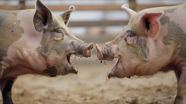 Cena fotorrealista com porcos criados em um ambiente de fazenda