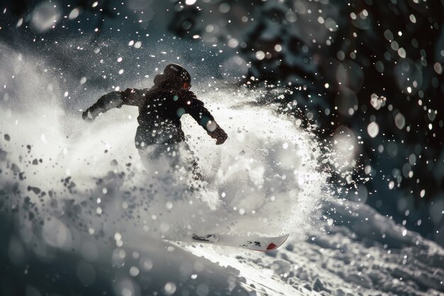 Cena fotorrealista de inverno com pessoas fazendo snowboard