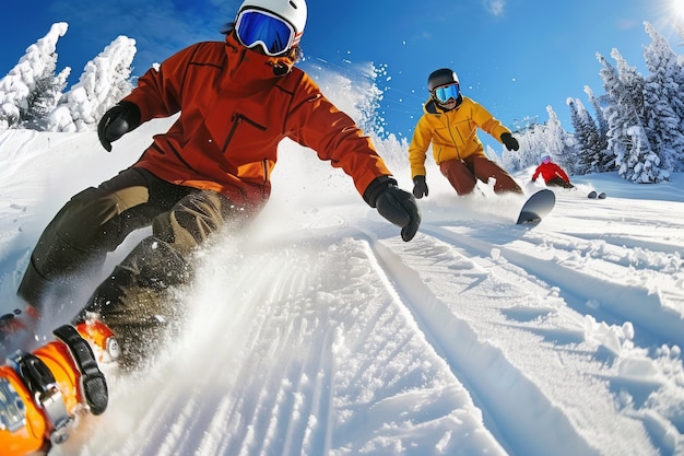 Cena fotorrealista de inverno com pessoas fazendo snowboard