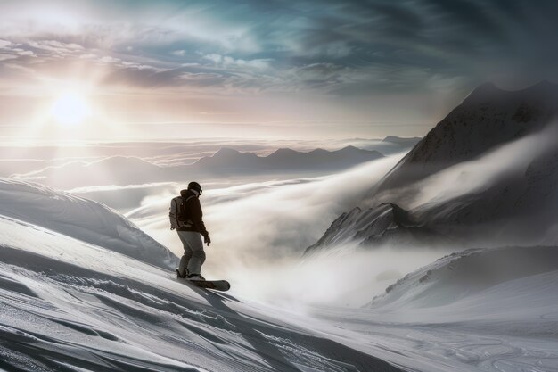 Cena fotorrealista de inverno com pessoas fazendo snowboard