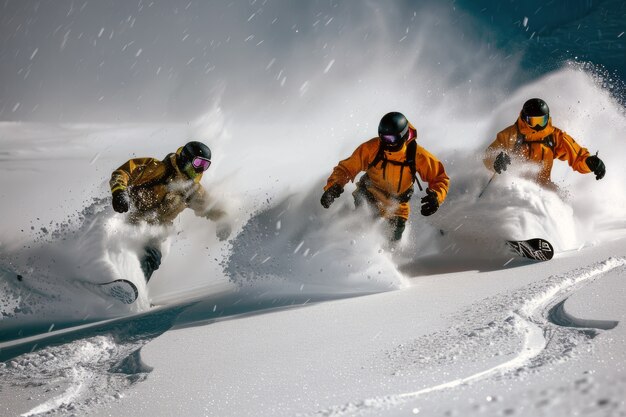 Cena fotorrealista de inverno com pessoas fazendo snowboard