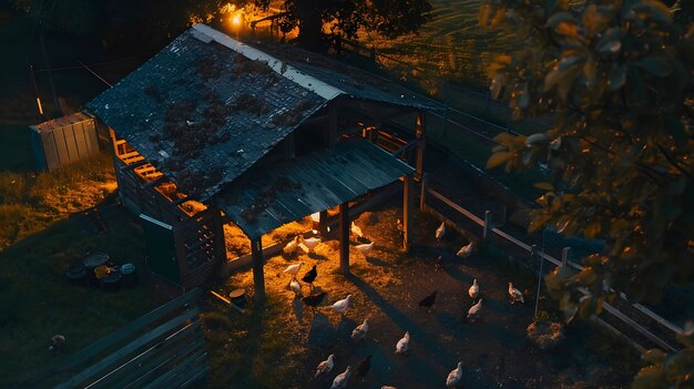 Cena fotorrealista de uma fazenda avícola com galinhas