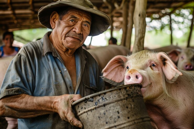Foto grátis cena fotorrealista de uma fazenda de porcos com animais