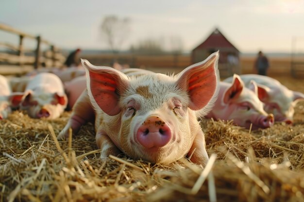 Cena fotorrealista de uma fazenda de porcos com animais