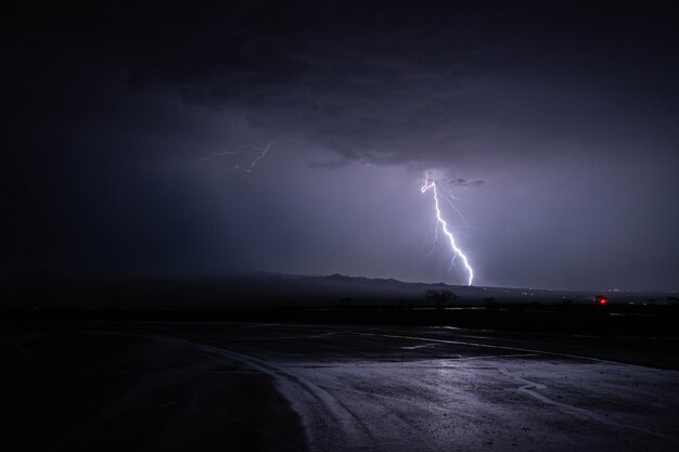 Cena hipnotizante de um relâmpago durante uma tempestade à noite