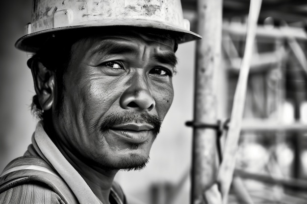 Foto grátis cena monocromática retratando a vida dos trabalhadores em um local da indústria da construção