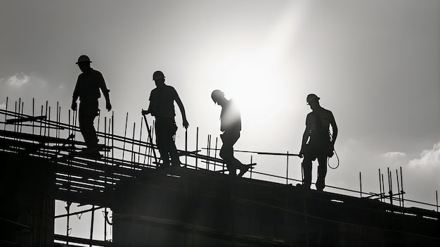 Cena monocromática retratando a vida dos trabalhadores em um local da indústria da construção