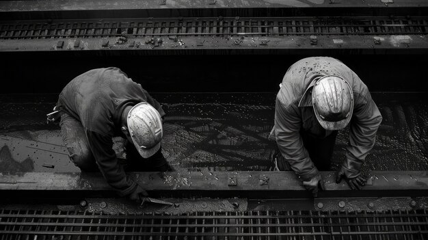 Cena monocromática retratando a vida dos trabalhadores em um local da indústria da construção