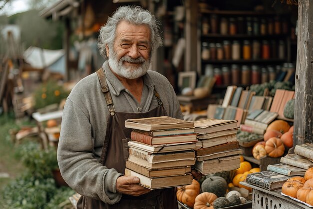 Cena realista com livros em uma venda de quintal no bairro