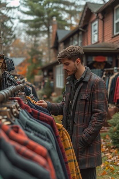 Foto grátis cena realista com roupas em uma venda de quintal de bairro