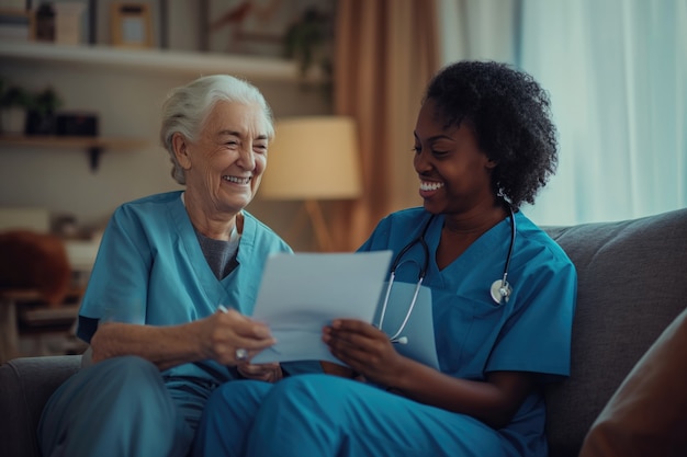 Foto grátis cena realista com um trabalhador de saúde cuidando de um paciente idoso