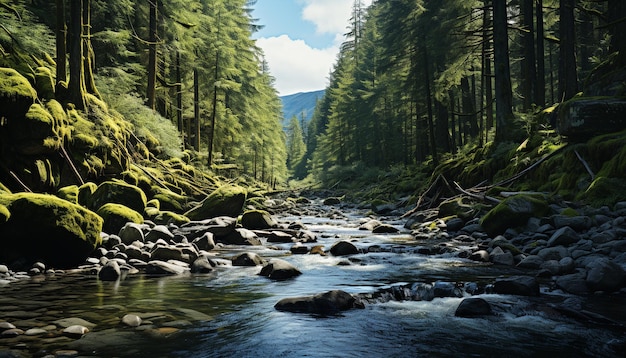 Foto grátis cena tranquila água corrente floresta verde montanha pico aventura selvagem gerada por inteligência artificial