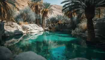 Foto grátis cena tranquila de palmeiras por água corrente gerada por ia