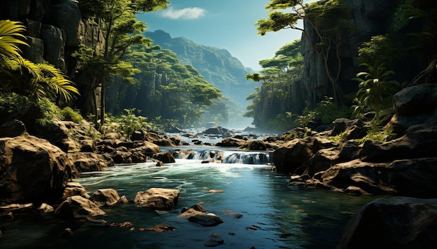 Cena tranquila de uma floresta tropical fluindo água e folhagem verde gerada por inteligência artificial