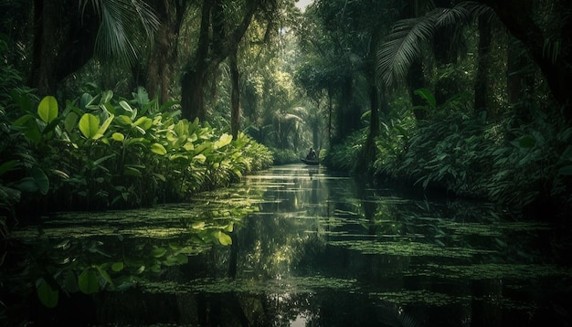 Cena tranquila de uma lagoa de floresta tropical gerada por IA