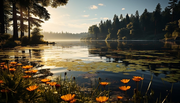 Foto grátis cena tranquila do pôr-do-sol reflete-se na água o outono deixa uma floresta serena gerada pela inteligência artificial