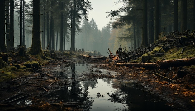 Foto grátis cena tranquila, folhas de outono da floresta nevoenta refletindo em um lago pacífico gerado pela inteligência artificial