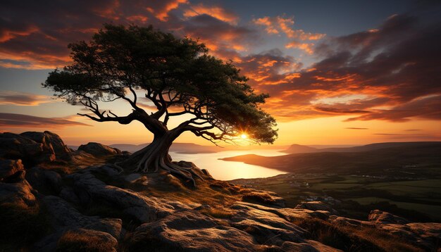 Cena tranquila silhueta do pôr do sol montanha água céu e natureza gerada por inteligência artificial