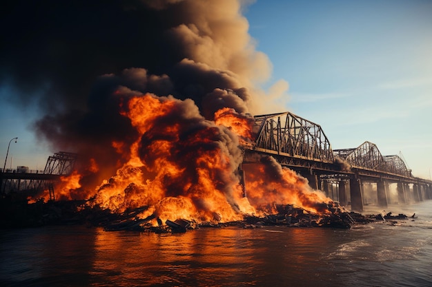 Foto grátis cenário cinematográfico de explosão da ponte de fumaça preta