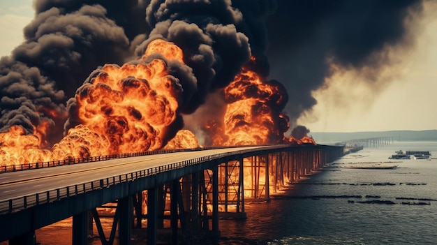 Foto grátis cenário cinematográfico de explosão de ponte quebrada