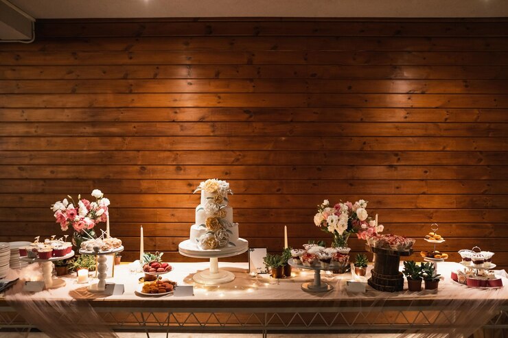Foto grátis cenário de mesa com bolo e variedade de sobremesas na recepção do casamento.